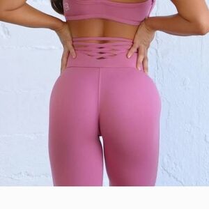 Bombshell Sportswear Pink High-Waisted Leggings Sexy Back Leggings And Top Set